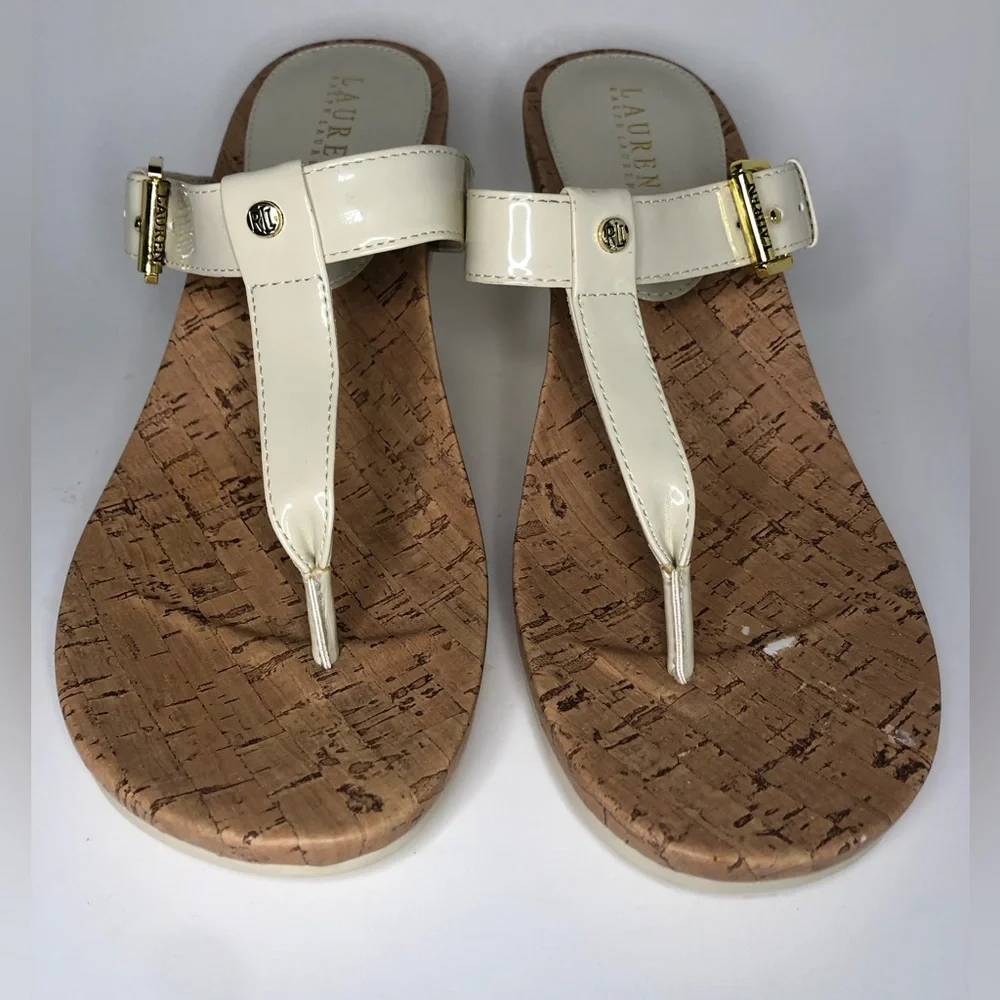 Ralph Lauren Cream Patent Leather T Strap Open Toe Wedge Sandal Size 10B